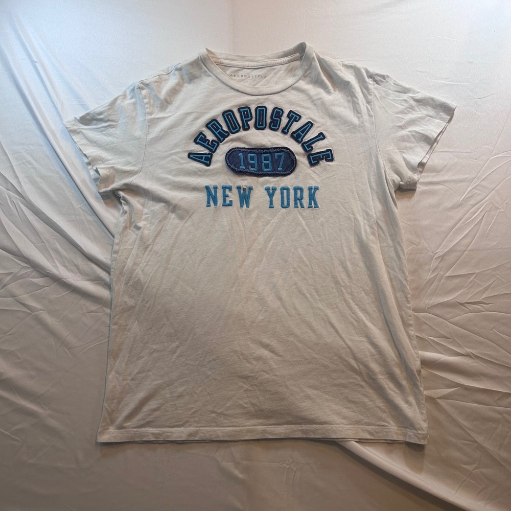 Aeropostale Mens White Graphic T-Shirt 1987 New York Applique Crew Neck Large